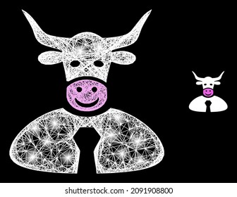 Glowing net bull boss with glowing spots on a black background. Bright vector structure based on bull boss glyph, with hatched net and light spots.