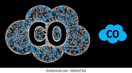 Glowing net carbon monoxide with glowing spots. Linear frame flat mesh generated from crossed white lines and carbon monoxide icon.