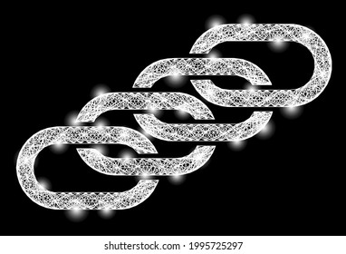 Glowing net chain union frame with glowing spots. Constellation vector mesh created from chain union symbol and crossed white lines. Sparkle frame wired chain union, on a black backgound.