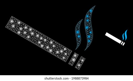 Glowing net cigarette smoke with lightspots. Vector carcass based on cigarette smoke icon. Glowing carcass mesh cigarette smoke on a black background.