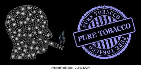 Glowing net cigarette smoker with light spots, and Pure Tobacco blue round textured badge. Vector carcass generated from cigarette smoker icon. Glowing carcass polygonal cigarette smoker.