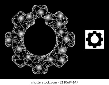 Glowing net cogwheel icon with glowing spots. Illuminated constellation is done from cogwheel vector icon and crossing lines. Illuminated frame cogwheel, on a black background.