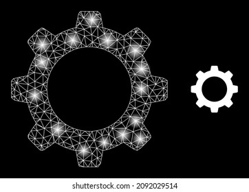 Glowing net cogwheel web icon with sparkle spots. Illuminated model done from cogwheel vector icon. Sparkle frame web polygonal cogwheel, on a black background.