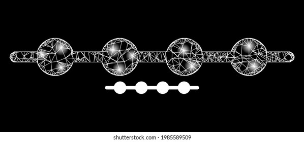 Leuchtende Netzanschlusspunkte mit leuchtenden Flecken. Lineares 2D-Maschen, das beim Überqueren von weißen Linien und dem Symbol der verbundenen Punktlinie entsteht.