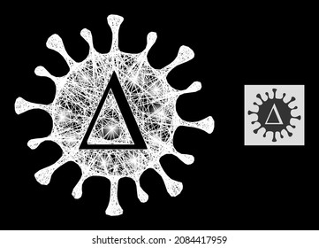Glowing net Delta coronavirus icon with light spots and white mesh on a black background. Illuminated vector structure based on Delta coronavirus pictogram,