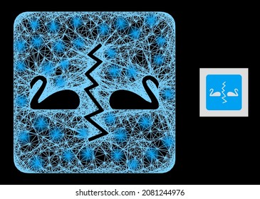 Glowing net divorce swans with light spots on a black background. Bright vector model is based on divorce swans glyph, with hatched net and light dots.