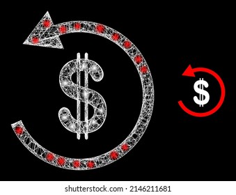 Erweichende Netto-Dollar-Rückerstattung mit leuchtenden Punkten. Flache Maschen aus linearen Schlachtkörpern, die aus gekreuzten weißen Linien und dem Dollar-Rückerstattungssymbol entstehen.