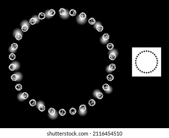 Glowing net dotted circle icon with illuminated light spots. Illuminated constellation is done from dotted circle vector icon and crossed lines. Constellation carcass dotted circle,