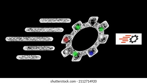 Glühender Netto-Schnellgang mit mehrfarbigen Lichtpunkten. Illuminierter Vektorrahmen, erstellt aus dem Schnellgetriebe-Symbol. Schneller, glänzender Maschendraht auf schwarzem Hintergrund.