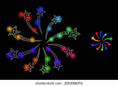 Glowing net fireworks festival web icon with majestic spots. Illuminated model created using fireworks festival vector icon. Illuminated frame web polygonal fireworks festival, on a black background.