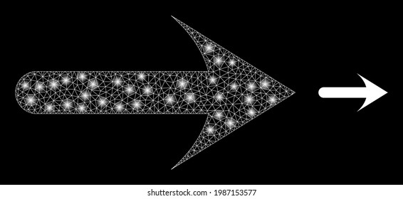 Glowing net forward arrow with glowing spots. Vector grid based on forward arrow icon. Flare carcass polygonal forward arrow on a black background.