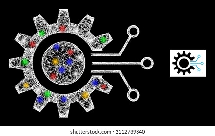Glowing net gear interface with vibrant glowing spots. Illuminated vector structure created from gear interface symbol. Sparkle frame wired gear interface, on a black backgound.