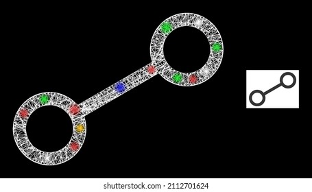 Glowing net link with colored glowing spots. Illuminated vector model created from link symbol. Sparkle frame polygonal link, on a black backgound.