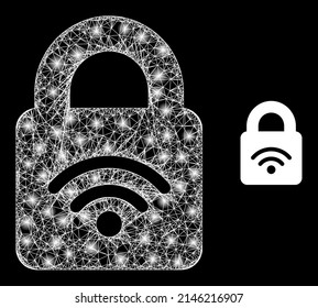 Wi-Fi con redes cerradas brillante con manchas luminosas. Malla plana de marco lineal generada con cruces de líneas blancas e icono de Wi-Fi bloqueado. Malla blanca y malla de marco brillante bloqueada Wi-Fi en un fondo negro.