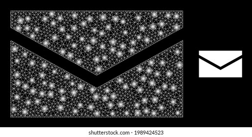 Glowing net mail with lightspots. Vector carcass based on mail icon. Glowing frame polygonal mail on a black background.
