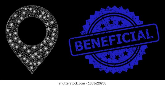 Glowing net map mark with light spots, and Beneficial rubber ribbon seal imitation. Blue seal includes Beneficial caption inside rosette. Illuminated vector constellation based on map mark icon.