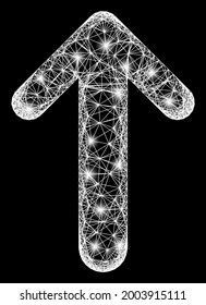 Glowing net mesh arrow up model with flash nodes. Constellation vector mesh created from arrow up icon and crossed white lines. Sparkle constellation mesh arrow up, on a black backgound.