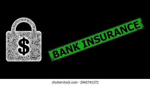 Glowing net mesh bank lock frame with bright dots, and green rectangular unclean Bank Insurance stamp seal. Constellation vector model created from bank lock icon and crossed white lines.