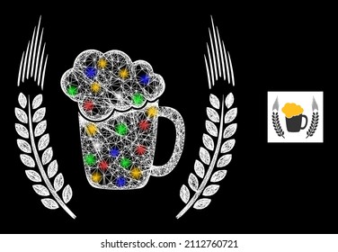 Glowing net mesh beer mug logo with multi colored light spots. Illuminated vector mesh created from beer mug logo pictogram. Sparkle frame mesh beer mug logo, on a black backgound.