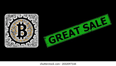 Glowing net mesh bitcoin box frame with light dots, and green rectangle dirty Great Sale watermark. Constellation vector carcass created from bitcoin box icon and intersected white lines.