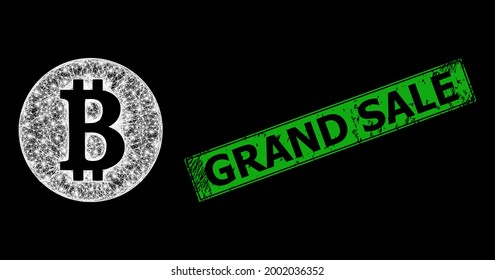 Glowing net mesh bitcoin coin carcass with light spots, and green rectangle corroded Grand Sale seal. Illuminated vector structure created from bitcoin coin symbol and crossed white lines.