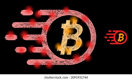 Glühende Netzmaschenbitze mit hellen Flecken auf schwarzem Hintergrund. Das helle Vektorgitter basiert auf Bitcoin-Piktogramm, mit linearen Maschen und leichten Punkten.