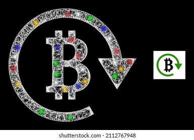 Rentabilidad de la malla de malla neta con manchas de luz multicolores. Marco vectorial iluminado creado a partir del pictograma de retribución de bitcoin. Resarcimiento de la malla de la canal de espuma, sobre fondo negro.