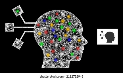 Conexión del cerebro de malla neta brillante con puntos brillantes de color. Estructura vectorial iluminada creada a partir del símbolo de conexión cerebral. Conexión cerebral de malla de canal esparcido, sobre fondo negro.