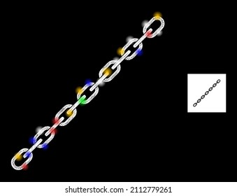Glowing net mesh chain with vibrant glowing spots. Illuminated vector frame created from chain symbol. Sparkle frame polygonal chain, on a black backgound.