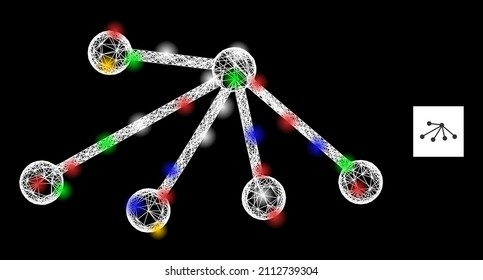 Glowing net mesh connect with colorful light dots. Illuminated vector mesh created from connect pictogram. Sparkle frame mesh connect, on a black backgound.