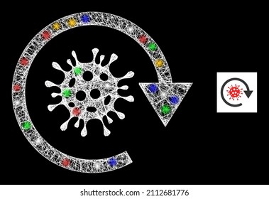Glowing net mesh covid virus update with colored light dots. Illuminated vector mesh created from covid virus update symbol. Sparkle frame wired covid virus update, on a black backgound.