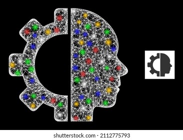 Maqueta de malla de red brillante ciborg cabeza con puntos multicolores brillantes. Marco vectorial iluminado creado a partir del pictograma de la cabeza del ciborg. Carcasa espumosa cabeza ciborg de malla, sobre fondo negro.
