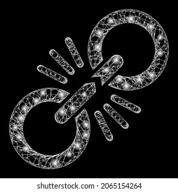 Verglühende Netzschadenkette mit leuchtenden Flecken. Vektorrahmen, der aus dem Link-Symbol der Schadenskette und mit Schnittlinien erzeugt wird. Glossy Carcass-Maschenkette Link auf schwarzem Hintergrund.