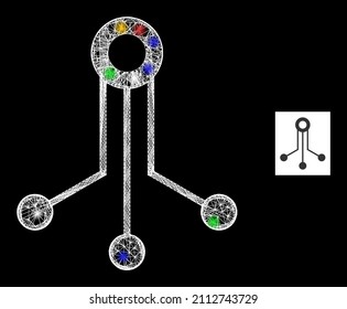 Glowing net mesh electronic sensor with colored flash nodes. Illuminated vector structure created from electronic sensor pictogram. Sparkle carcass mesh electronic sensor, on a black backgound.