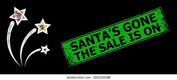 Glowing net mesh festival sparks carcass with flash nodes, and green rectangle grunge Santa'S Gone the Sale Is On seal print.