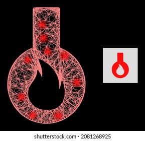 Glowing net mesh flammable flask with glowing spots on a black background. Bright vector mesh based on flammable flask glyph, with linear net and lightspots.