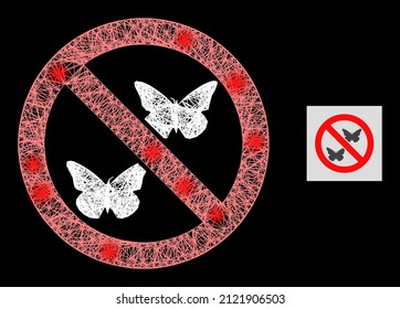 Glowing net mesh forbidden butterflies with light spots on a black background. Illuminated vector mesh is based on forbidden butterflies glyph, with irregular network and light spots.