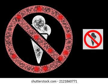 Glowing net mesh forbidden ice-cream with glowing spots on a black background. Light vector structure is based on forbidden ice-cream icon, with intersected mesh and light dots.