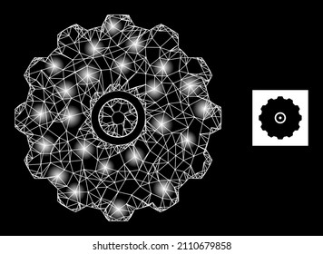 Glowing net mesh gearwheel icon with glowing light spots. Illuminated constellation is created using gearwheel vector icon and intersected lines. Illuminated carcass gearwheel, on a black background.