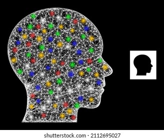 Glowing net mesh human head with vibrant glowing spots. Illuminated vector mesh created from human head icon. Sparkle constellation mesh human head, on a black backgound.