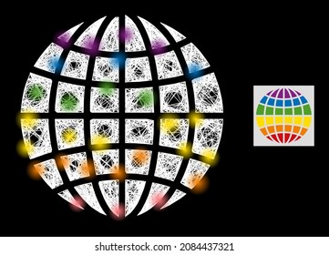 Glowing net mesh LGBT globe icon with light spots and white mesh on a black background. Illuminated vector mesh is based on LGBT globe glyph, with hatched white mesh and random light spots.