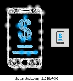 Cuenta en dólares móvil de malla neta brillante con puntos brillantes en un fondo negro. Modelo vectorial claro basado en el símbolo de cuenta de dólar móvil, con red lineal y puntos de luz.