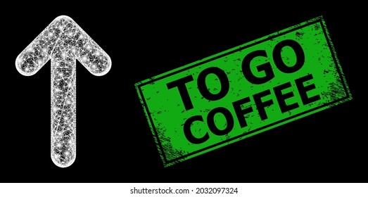 Glowing net mesh move up model with flash nodes, and green rectangle rubber To Go Coffee seal imitation. Illuminated vector mesh created from move up icon and crossed white lines.