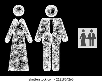 Glowing net mesh newlyweds with light spots on a black background. Light vector model is based on newlyweds pictogram, with intersected net and light spots.