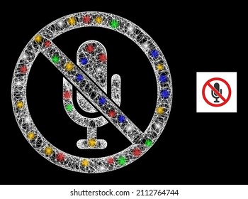 Glowing net mesh no sound with colored lightspots. Illuminated vector carcass created from no sound pictogram. Sparkle carcass mesh no sound, on a black backgound.