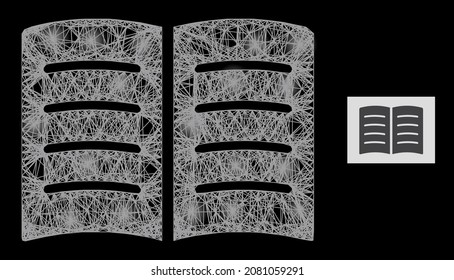 Glühendes Netzmaschenoffenes Buch mit Lichtpunkten auf schwarzem Hintergrund. Leichte Vektorgitter werden aus einem offenen Buchbild mit linearem Netzwerk und leichten Punkten erstellt.