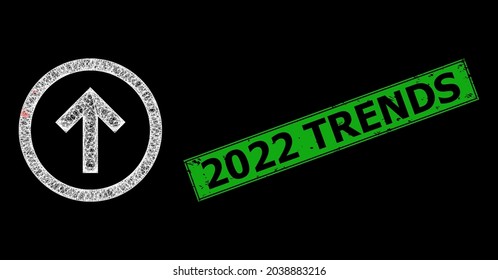 Verleugnen der Netzmaschenausrichtung Wireframe mit hellen Punkten, und grüner rechteckiger dreckiger 2022 Trends Stempel. Konstellation Vektornetz erstellt von oben Orientierungssymbol und Kreuzung von weißen Linien.