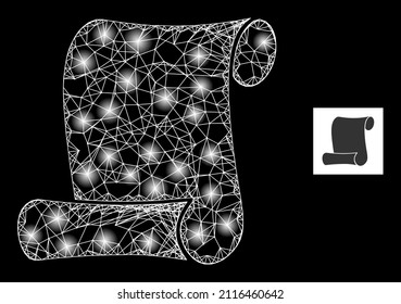 Glowing net mesh paper roll icon with illuminated light spots. Illuminated constellation done from paper roll vector icon and intersected lines. Illuminated carcass paper roll, on a black background.