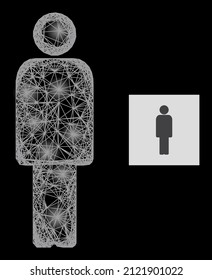 Glowing net mesh person with glowing spots on a black background. Bright vector mesh is based on person symbol, with linear network and light spots.
