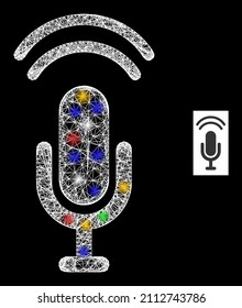Glowing net mesh podcast with multi colored light dots. Illuminated vector model created from podcast symbol. Sparkle carcass mesh podcast, on a black backgound.